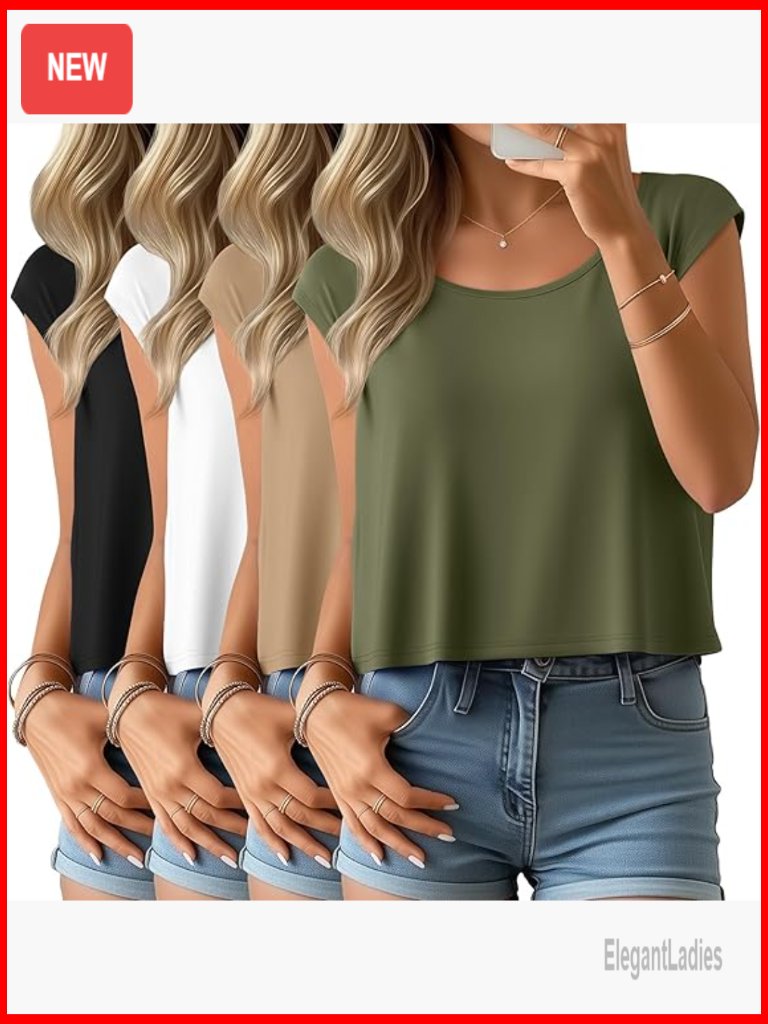 4 Pack Cap Sleeve Crop Tops For Women Scoop Neck Short T-Shirts